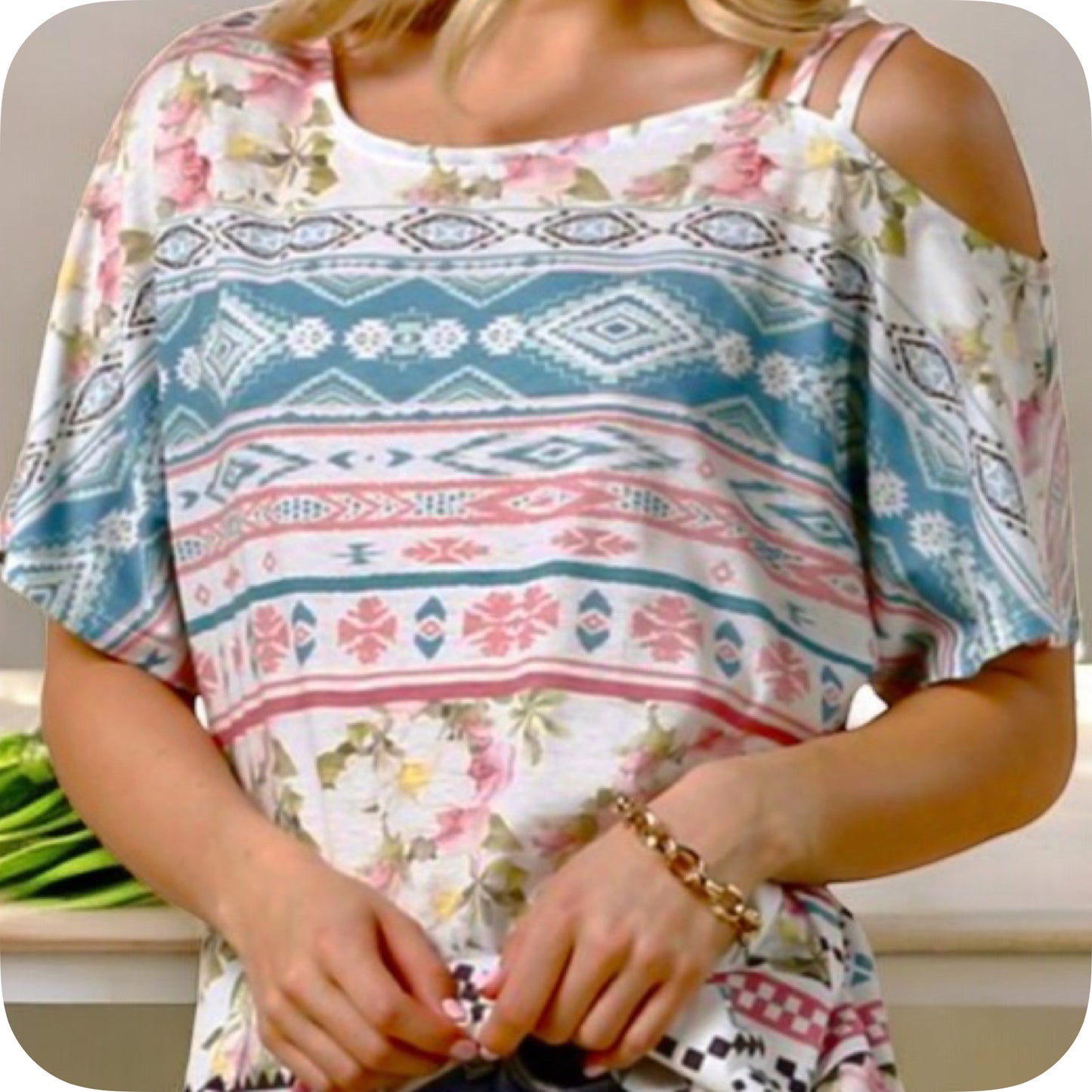Ashlyn’s Aztec and Floral Print Off Shoulder Strap Top