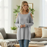 Ashlyn’s Oversized Gray Cold Shoulder Silky Soft Sweater