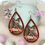 Spring Time Leopard Print Bunny with Floral Detail Wood Earrings