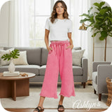 Zenana Acid Wash Fleece Fuchsia Palazzo Capri Pants with Pockets