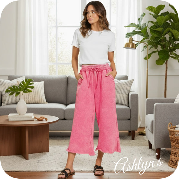 Zenana Acid Wash Fleece Fuchsia Palazzo Capri Pants with Pockets