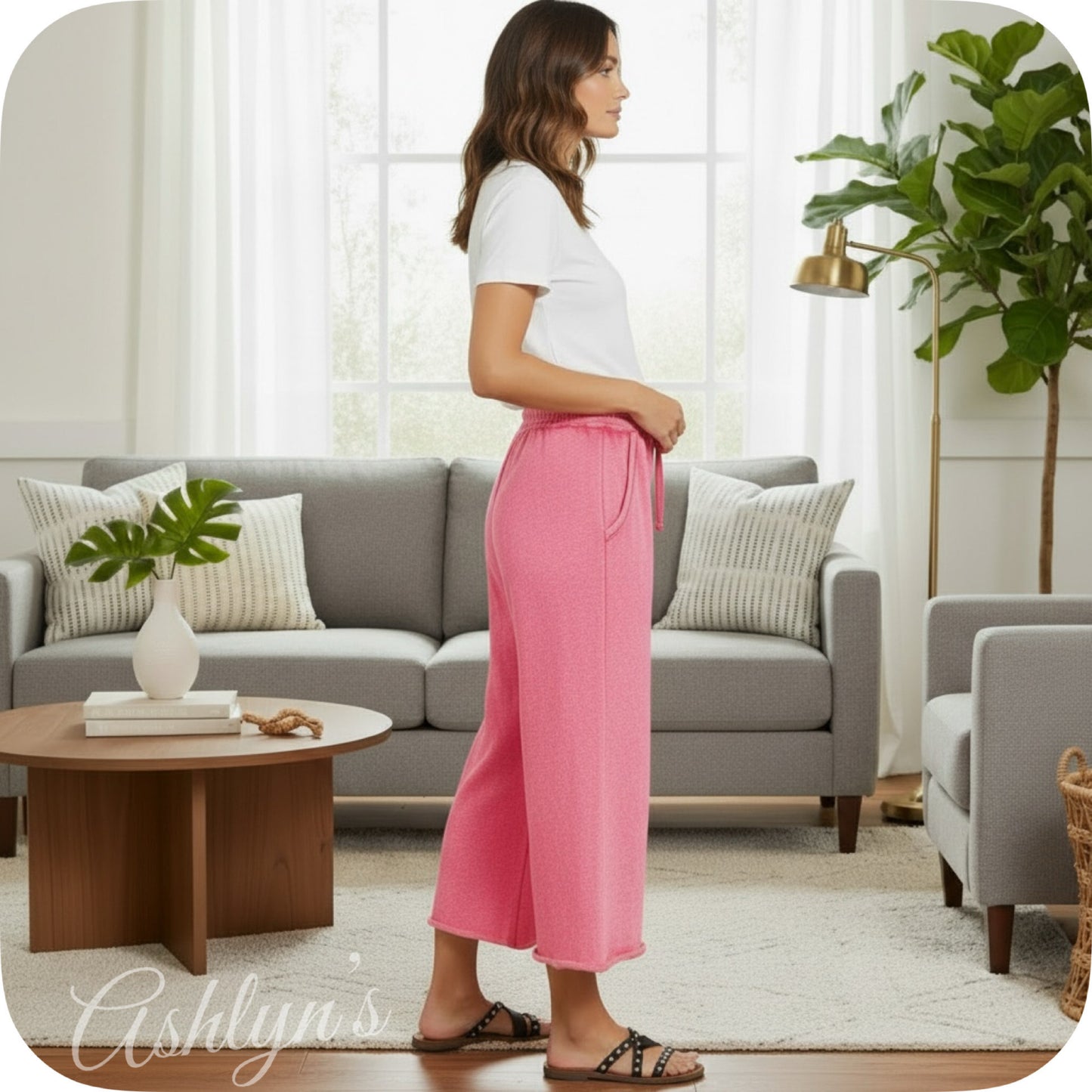 Zenana Acid Wash Fleece Fuchsia Palazzo Capri Pants with Pockets
