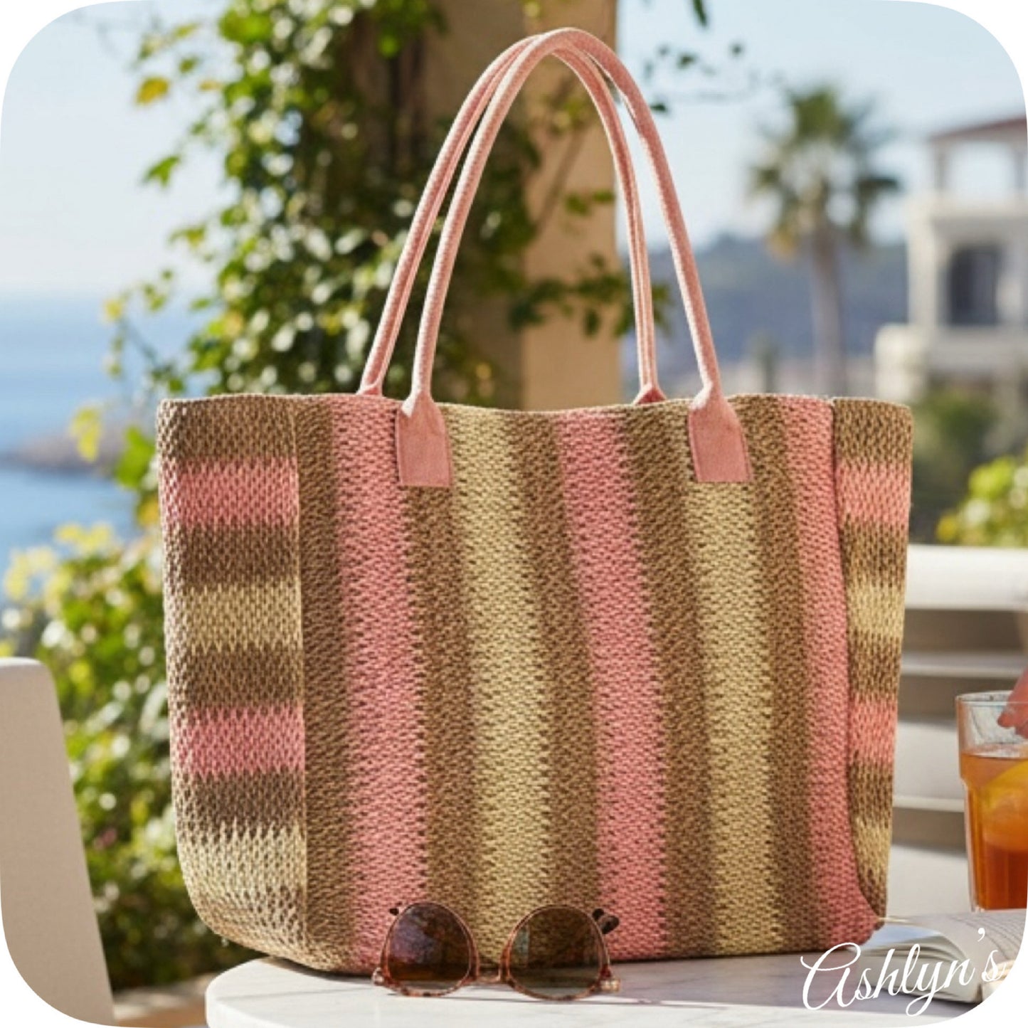 Summer Style Natural Brown and Coral Striped Straw XL Tote Bag-Weekender Bag