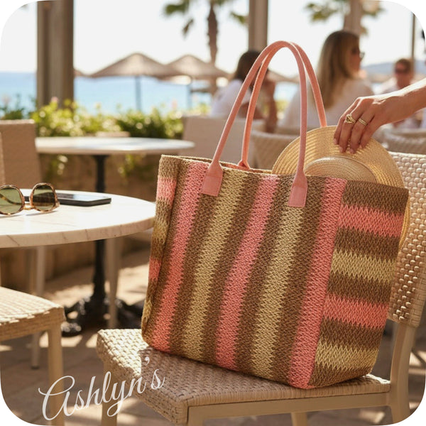 Summer Style Natural Brown and Coral Striped Straw XL Tote Bag-Weekender Bag