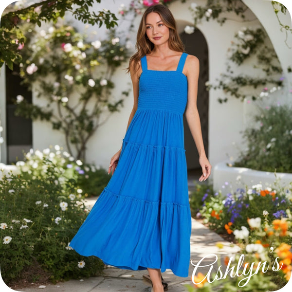 Adorable Me-Zenana Ocean Blue Smocked Midi Dress