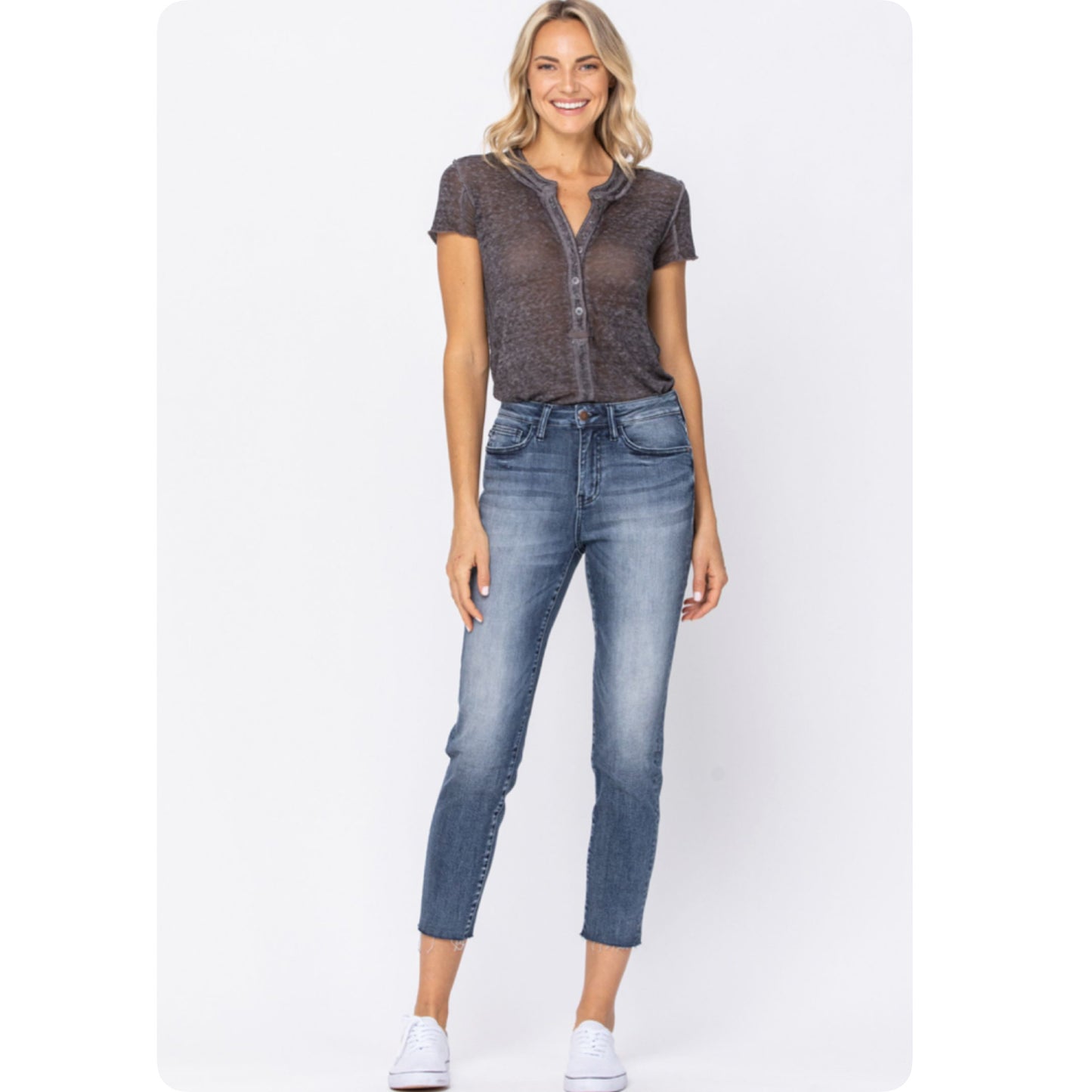 JUDY BLUE High-Rise Raw Hem Relaxed Fitting Jeans