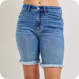 JUDY BLUE Frayed Hem Bermuda Shorts
