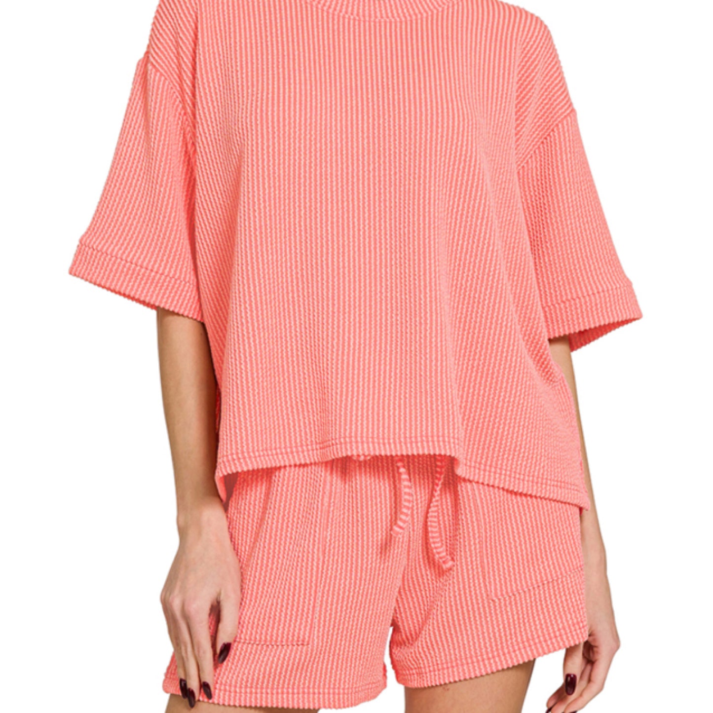 Zenana Casual Days Raised Rib Coral Short Sleeve Top and Shorts Set-Loungewear