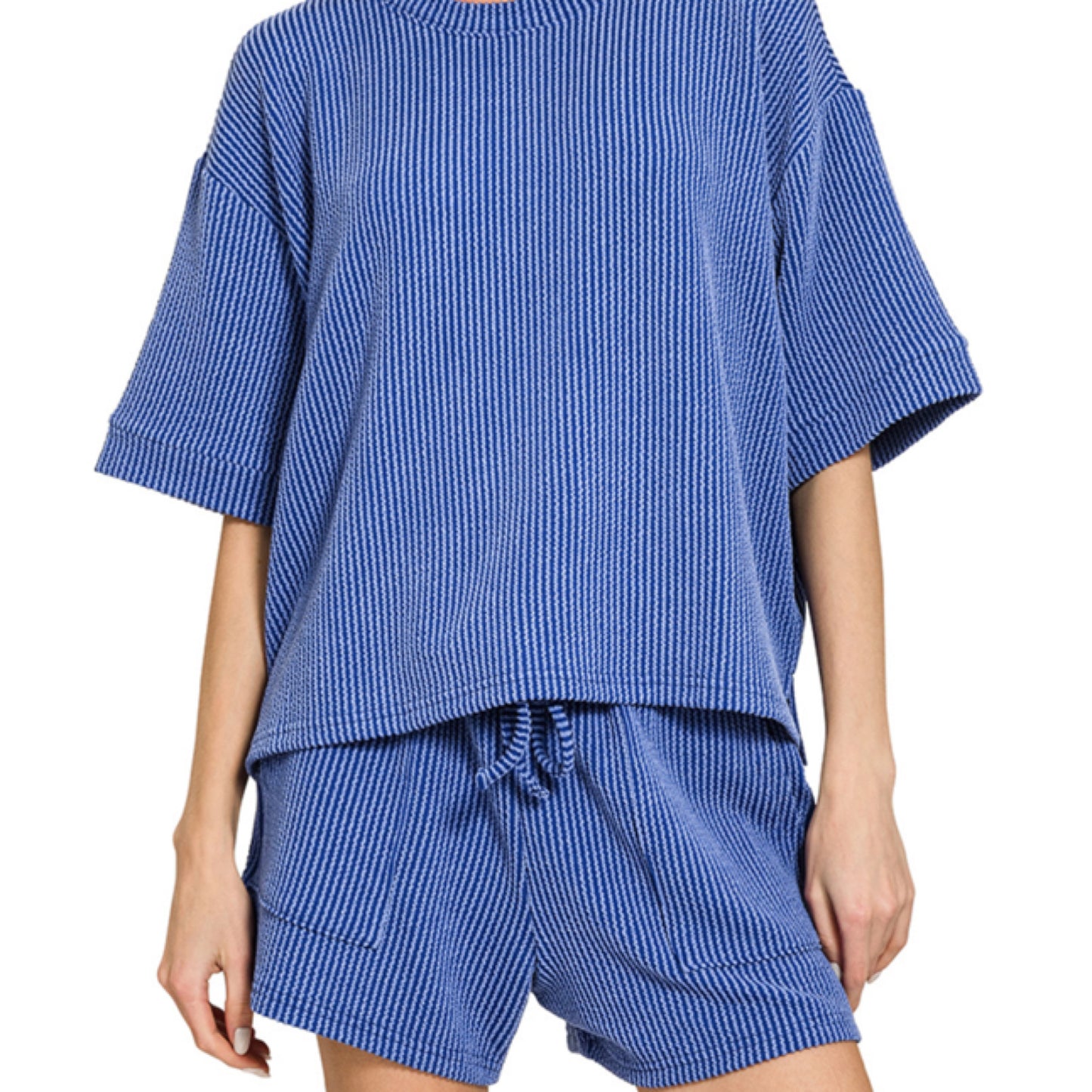 Zenana Casual Days Raised Rib Classic Blue Short Sleeve Top and Shorts Set-Loungewear