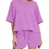 Zenana Casual Days Raised Rib Spring Violet Short Sleeve Top and Shorts Set-Loungewear