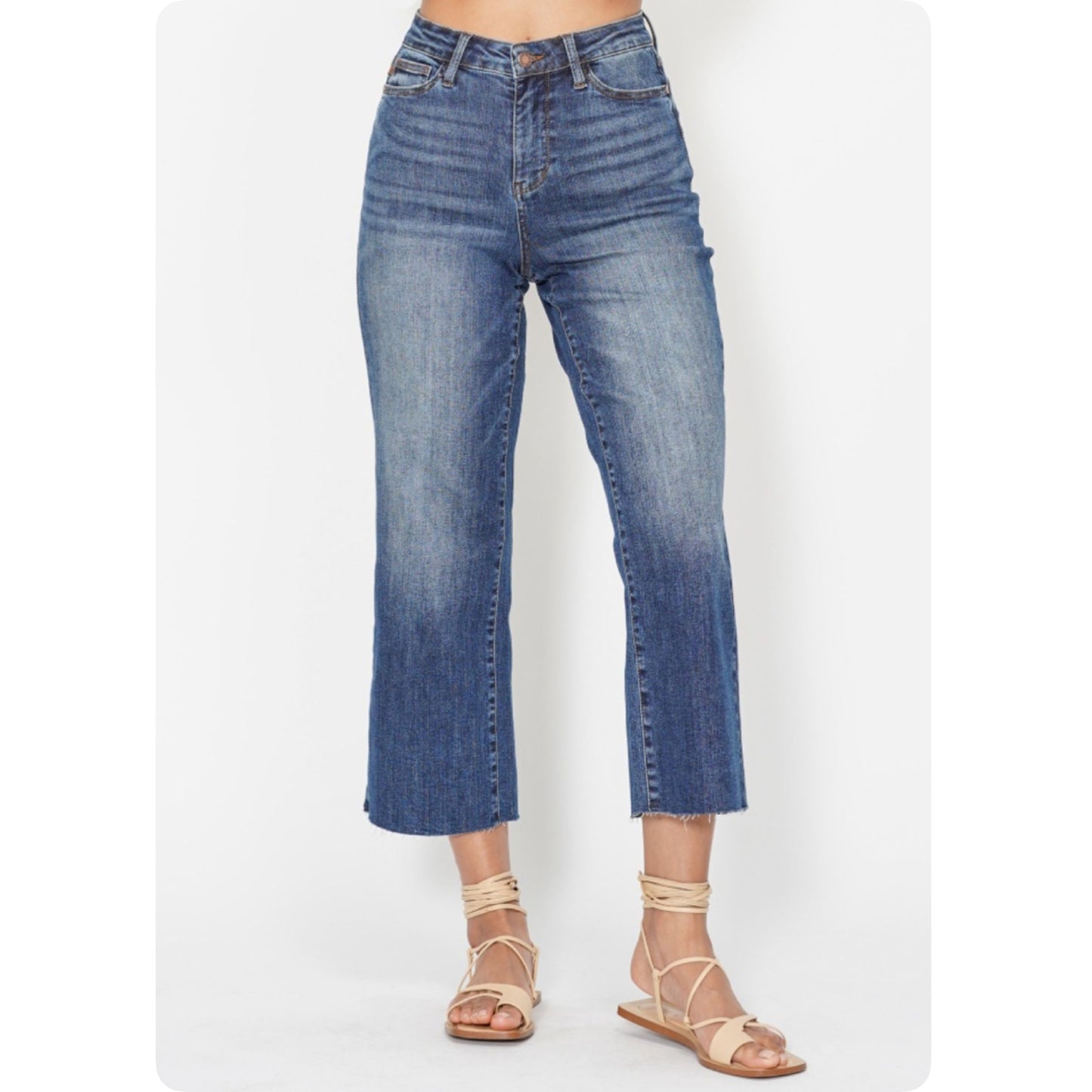 JUDY BLUE Wide Leg Cropped Raw Hem Back Pocket Embroidery Denim Capris-Summer Sassy