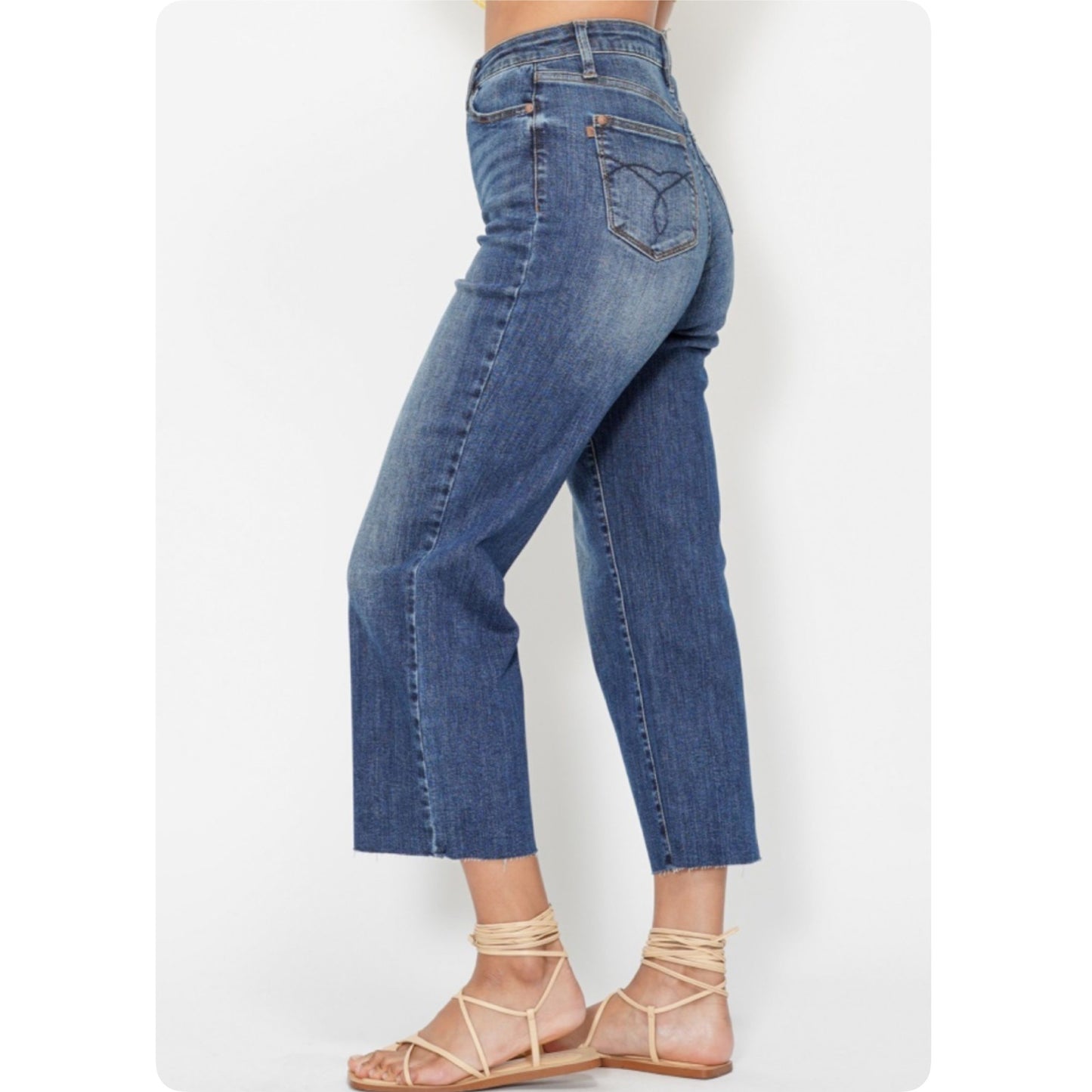 JUDY BLUE Wide Leg Cropped Raw Hem Back Pocket Embroidery Denim Capris-Summer Sassy