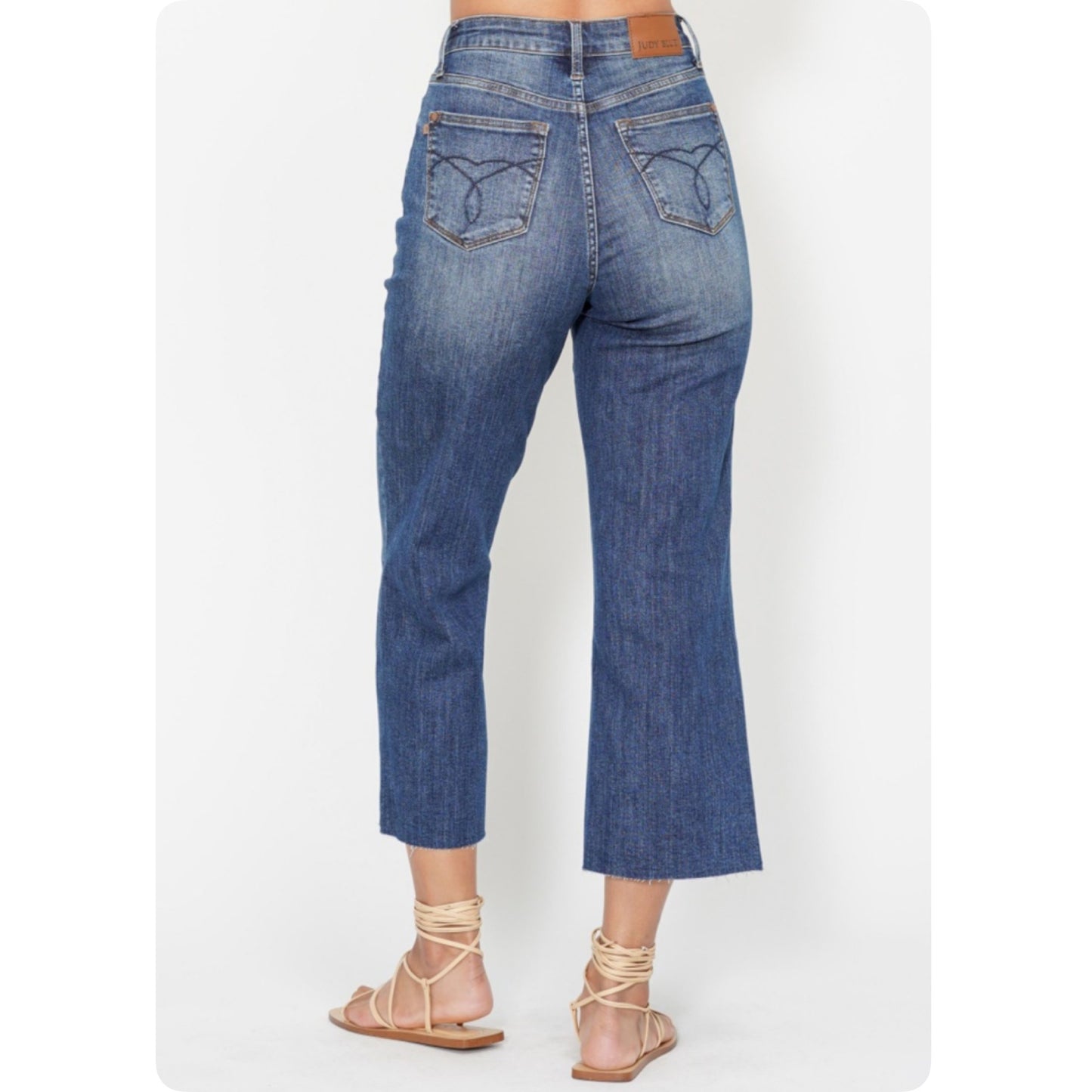 JUDY BLUE Wide Leg Cropped Raw Hem Back Pocket Embroidery Denim Capris-Summer Sassy