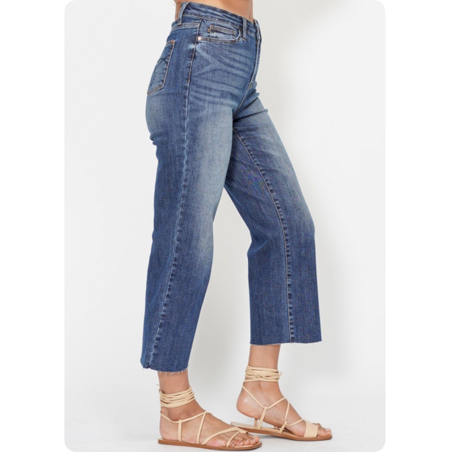 JUDY BLUE Wide Leg Cropped Raw Hem Back Pocket Embroidery Denim Capris-Summer Sassy