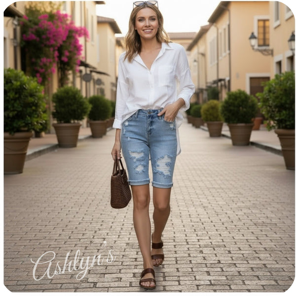 JUDY BLUE Destroyed Bermuda Shorts