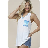 Casually Cute Blue Aztec Detail Ivory V Neck Sleeveless Top-Tank Top