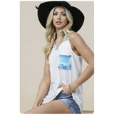 Casually Cute Blue Aztec Detail Ivory V Neck Sleeveless Top-Tank Top