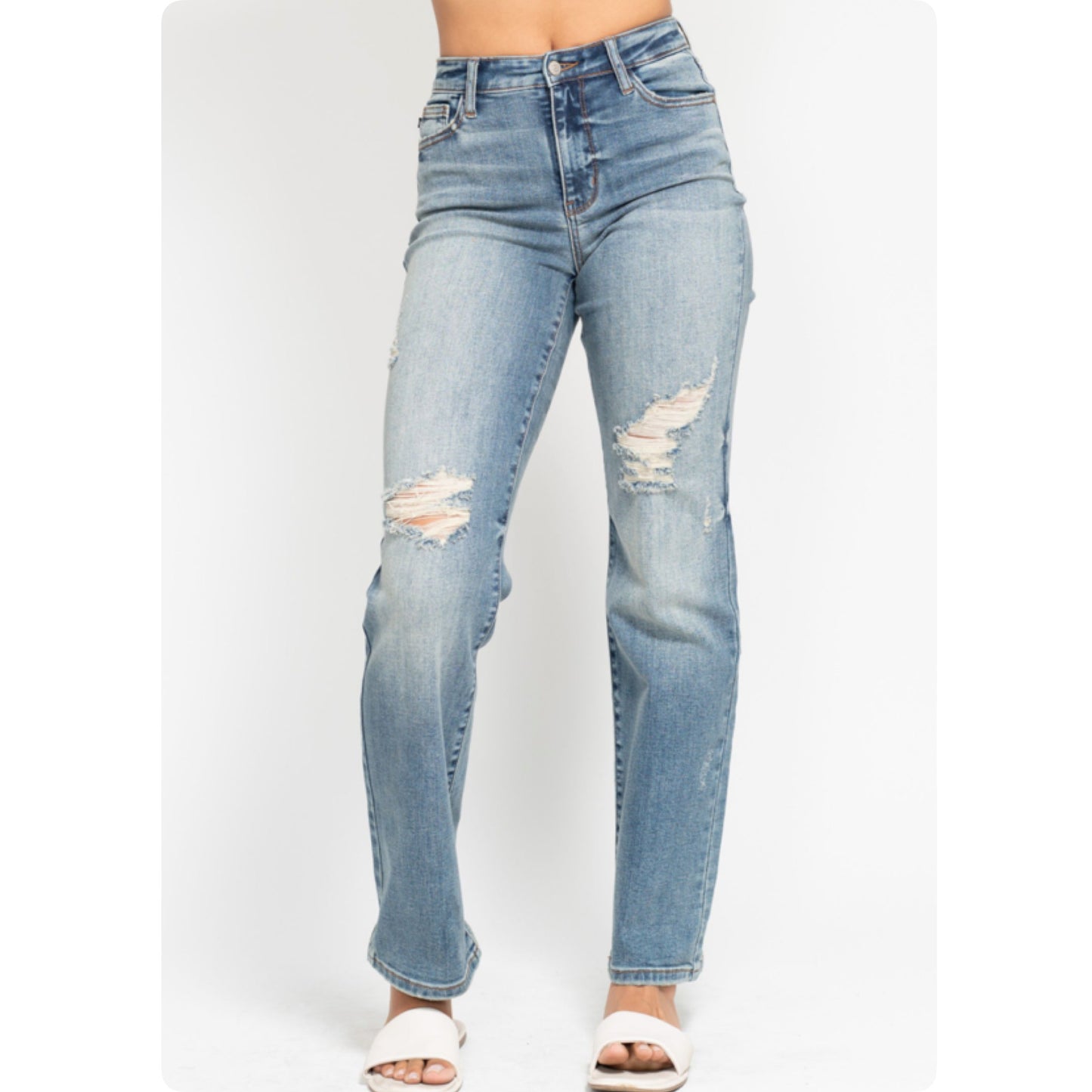 JUDY BLUE High Waist Destroy Detail Dad Jeans-Stretchy Comfort