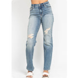 JUDY BLUE High Waist Destroy Detail Dad Jeans-Stretchy Comfort
