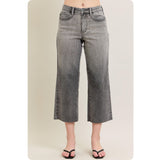 JUDY BLUE High Waist Vintage Grey Wash Front Pocket Embroidery Crop Wide Leg Capris