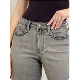 JUDY BLUE High Waist Vintage Grey Wash Front Pocket Embroidery Crop Wide Leg Capris