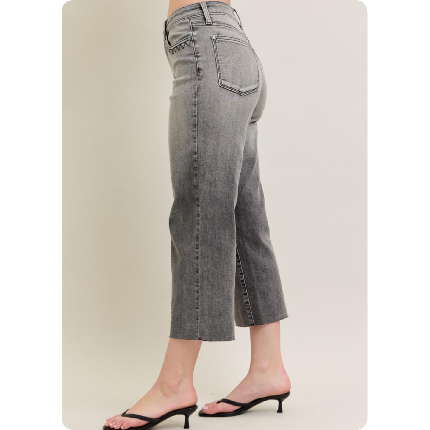 JUDY BLUE High Waist Vintage Grey Wash Front Pocket Embroidery Crop Wide Leg Capris