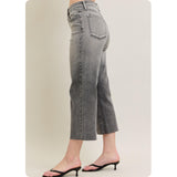 JUDY BLUE High Waist Vintage Grey Wash Front Pocket Embroidery Crop Wide Leg Capris