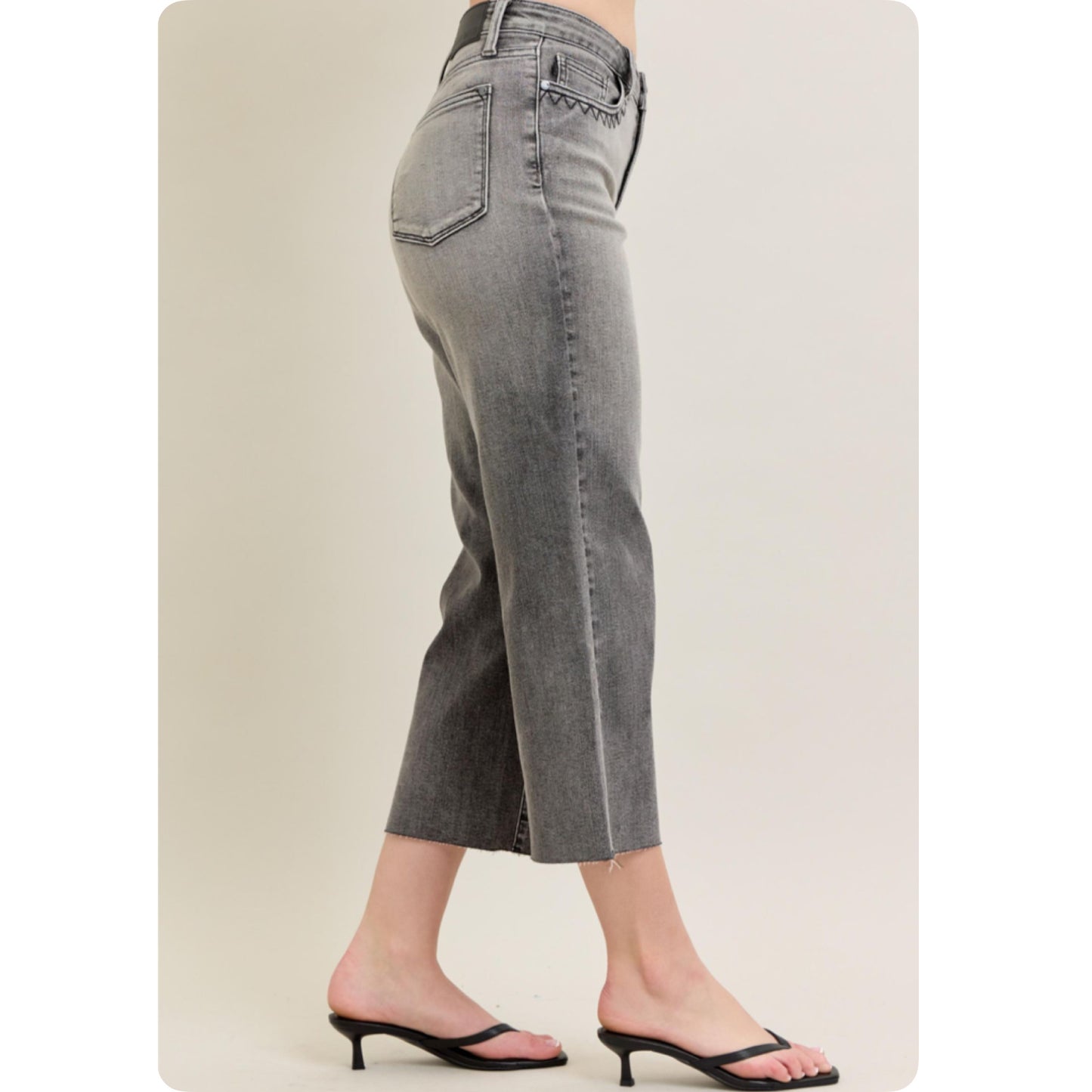 JUDY BLUE High Waist Vintage Grey Wash Front Pocket Embroidery Crop Wide Leg Capris
