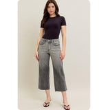 JUDY BLUE High Waist Vintage Grey Wash Front Pocket Embroidery Crop Wide Leg Capris