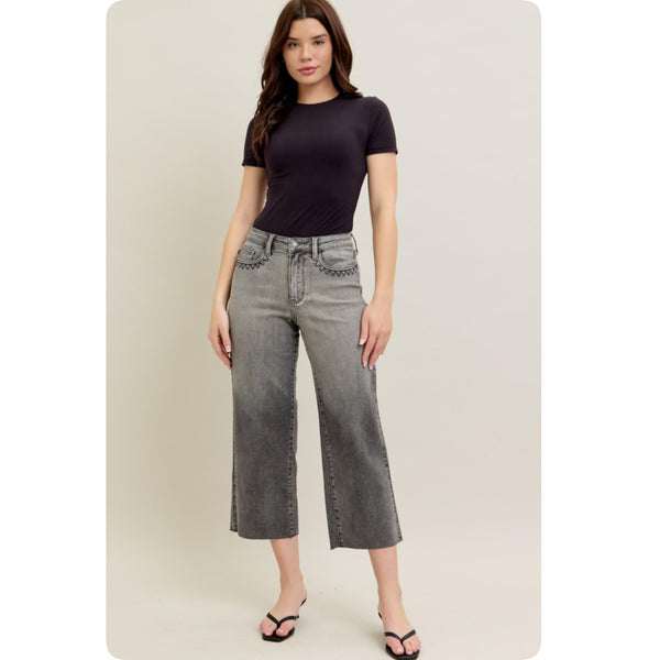 JUDY BLUE High Waist Vintage Grey Wash Front Pocket Embroidery Crop Wide Leg Capris