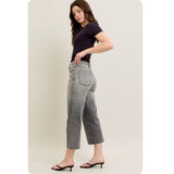 JUDY BLUE High Waist Vintage Grey Wash Front Pocket Embroidery Crop Wide Leg Capris