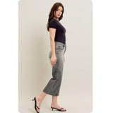 JUDY BLUE High Waist Vintage Grey Wash Front Pocket Embroidery Crop Wide Leg Capris