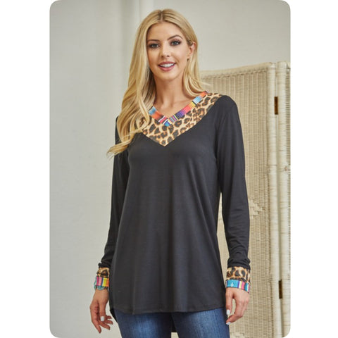 Casually Classy Animal-Serape Print V Neck Long Sleeve Black Top