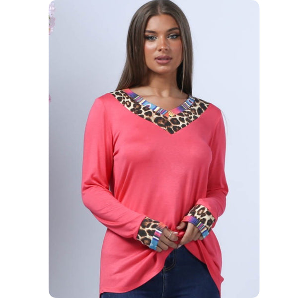Casually Classy Animal-Serape Print V Neck Long Sleeve Coral Top