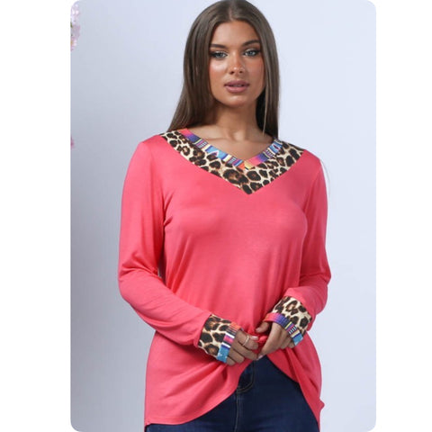 Casually Classy Animal-Serape Print V Neck Long Sleeve Coral Top