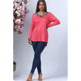 Casually Classy Animal-Serape Print V Neck Long Sleeve Coral Top