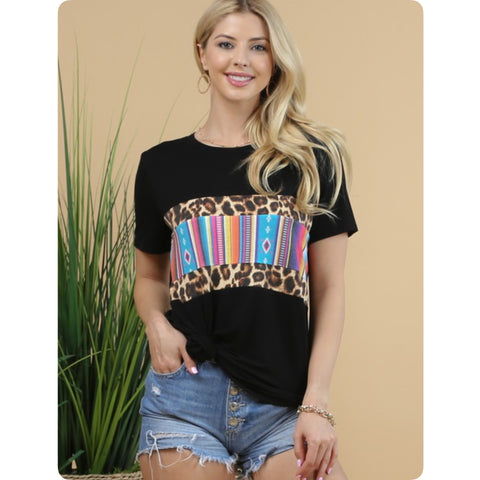 Ashlyn Serape Animal Print Color Block Black Tunic Top-Casual Comfort