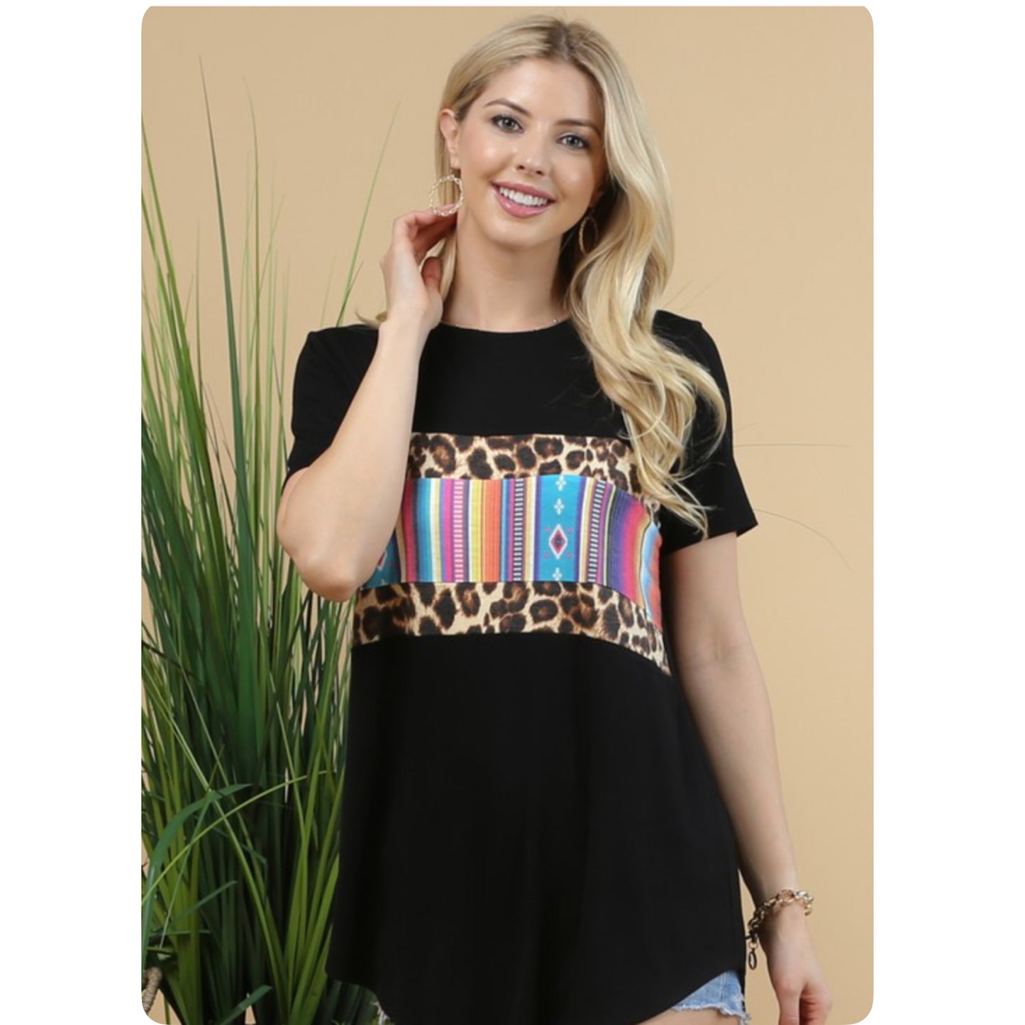 Ashlyn Serape Animal Print Color Block Black Tunic Top-Casual Comfort