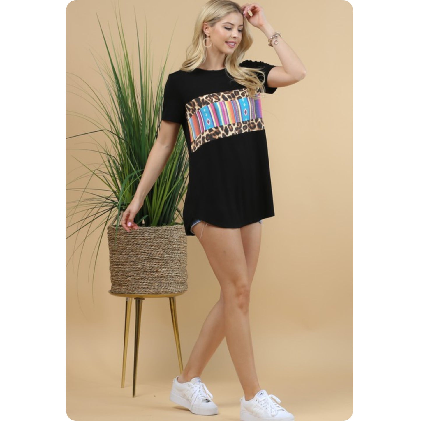 Ashlyn Serape Animal Print Color Block Black Tunic Top-Casual Comfort