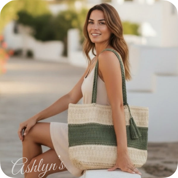 Ashlyn’s XL Two Toned Olive Woven Straw Tote Bag-Purse
