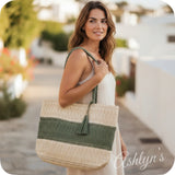 Ashlyn’s XL Two Toned Olive Woven Straw Tote Bag-Purse
