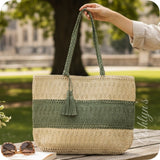 Ashlyn’s XL Two Toned Olive Woven Straw Tote Bag-Purse