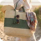 Ashlyn’s XL Two Toned Olive Woven Straw Tote Bag-Purse