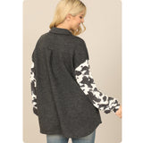 Cozy Lorry Charcoal Cow Print Detail Top-Shacket