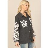 Cozy Lorry Charcoal Cow Print Detail Top-Shacket