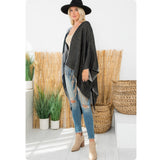 Casual to Classy Black Gray Striped Color Block Fringe Trim Kimono-Open Front Shawl-Wrap