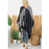 Casual to Classy Black Gray Striped Color Block Fringe Trim Kimono-Open Front Shawl-Wrap