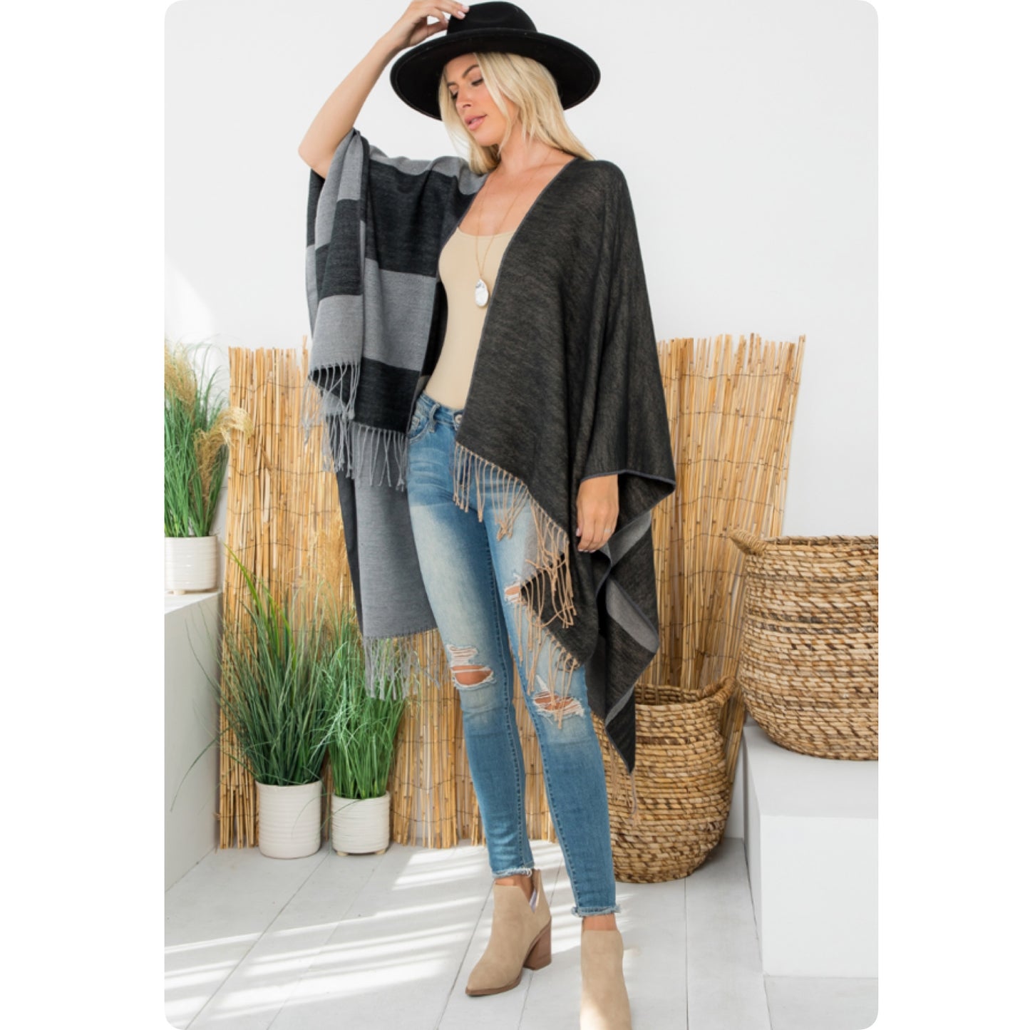 Casual to Classy Black Gray Striped Color Block Fringe Trim Kimono-Open Front Shawl-Wrap