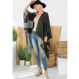 Casual to Classy Black Gray Striped Color Block Fringe Trim Kimono-Open Front Shawl-Wrap
