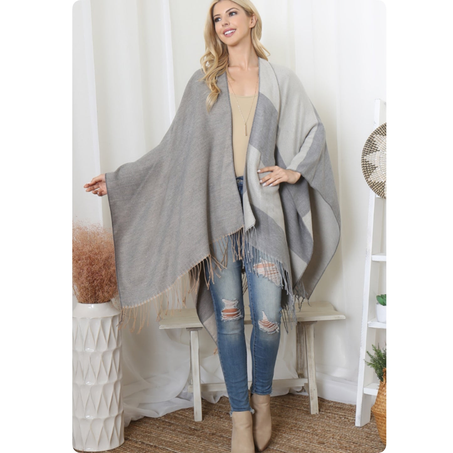 Casual to Classy Gray Striped Color Block Fringe Trim Kimono-Open Front Shawl-Wrap